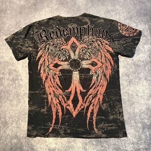 Y2K Affliction Style Men's Black Graphic T-Shirt Redemption Cross Wings Medium